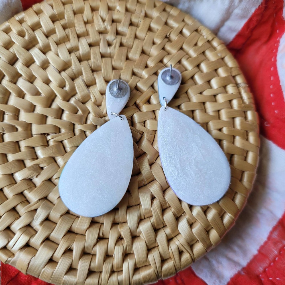 Patchwork Quilt Earrings Polymer Clay Teardrop - Picture 3 of 4